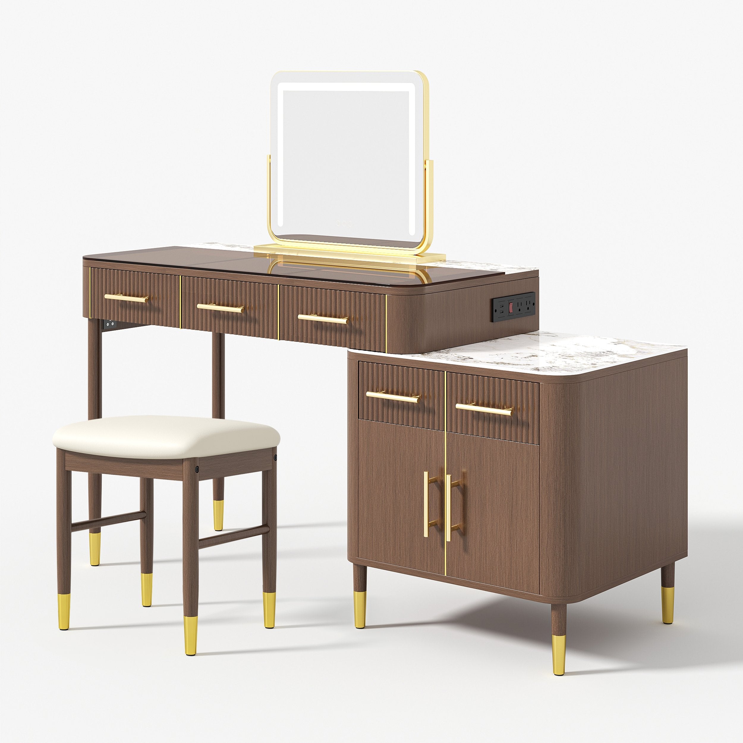 HMR - Glass Sintered Stone Top Makeup Vanity Set with Mirror