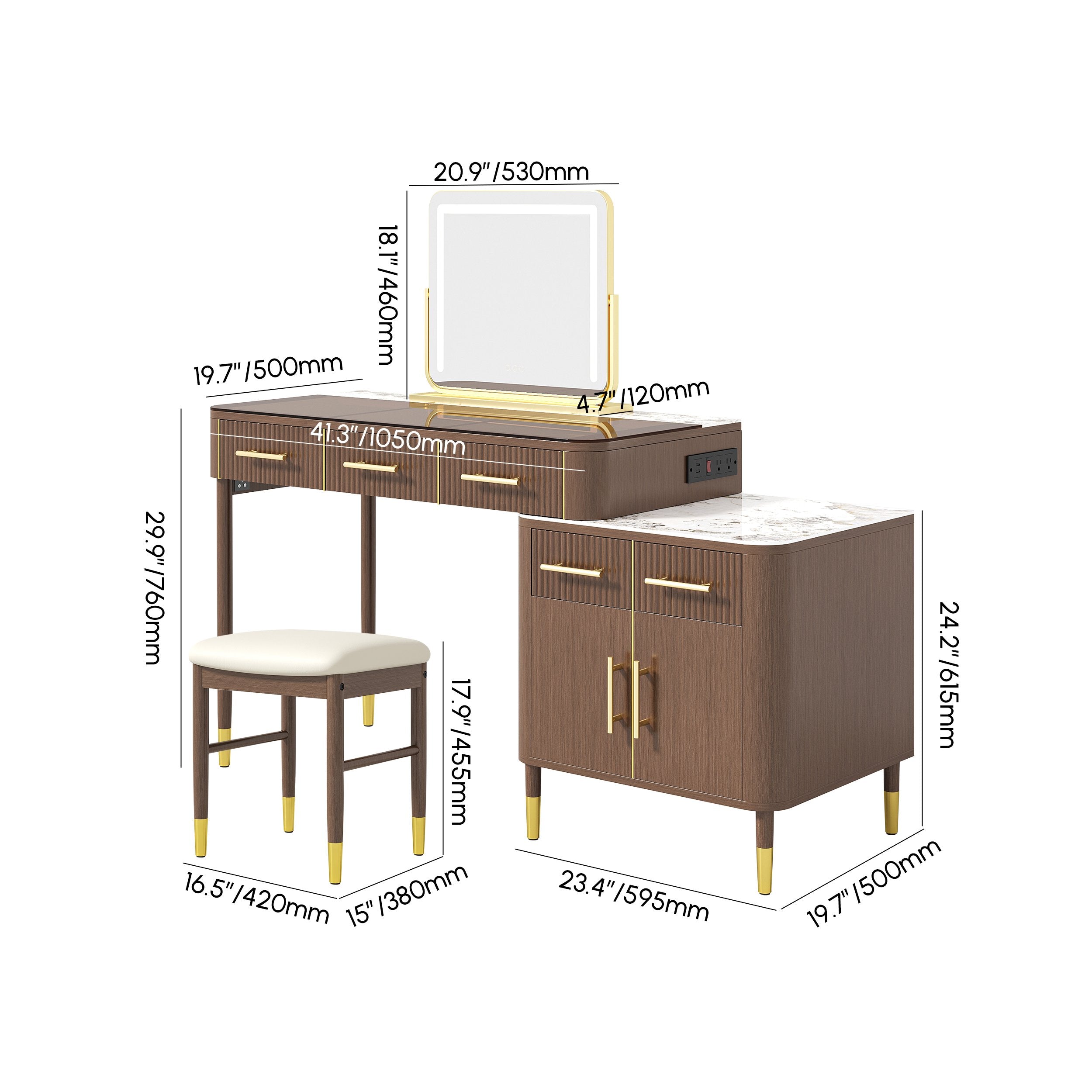 HMR - Glass Sintered Stone Top Makeup Vanity Set with Mirror