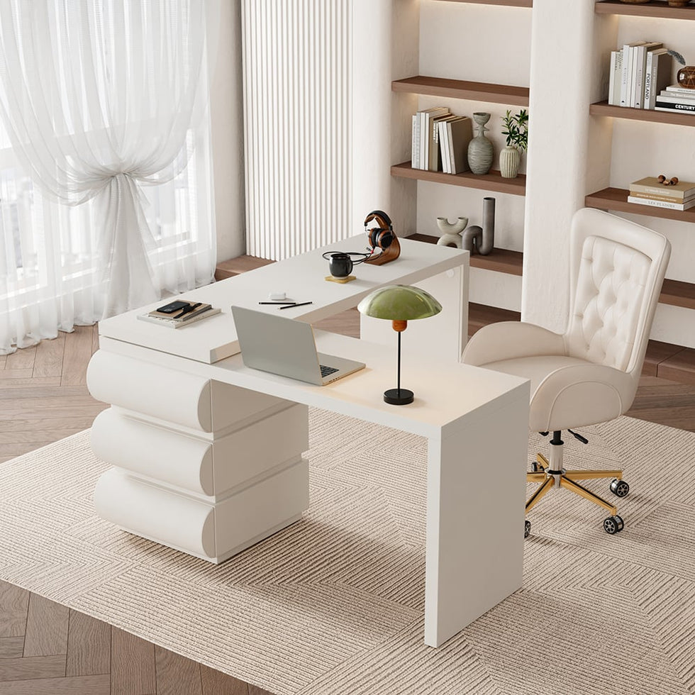 HMR - Humply Modern Minimalist Style L Shaped Desk & Leather Office Chair Set Height