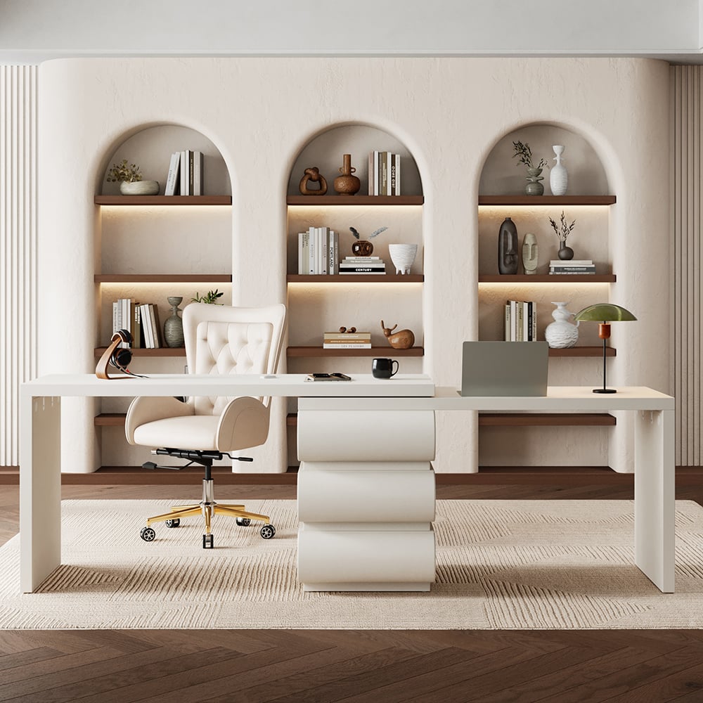 HMR - Humply Modern Minimalist Style L Shaped Desk & Leather Office Chair Set Height