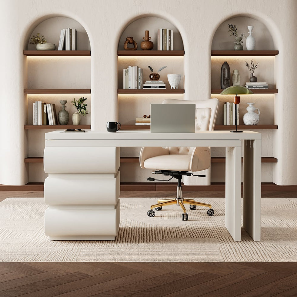HMR - Humply Modern Minimalist Style L Shaped Desk & Leather Office Chair Set Height