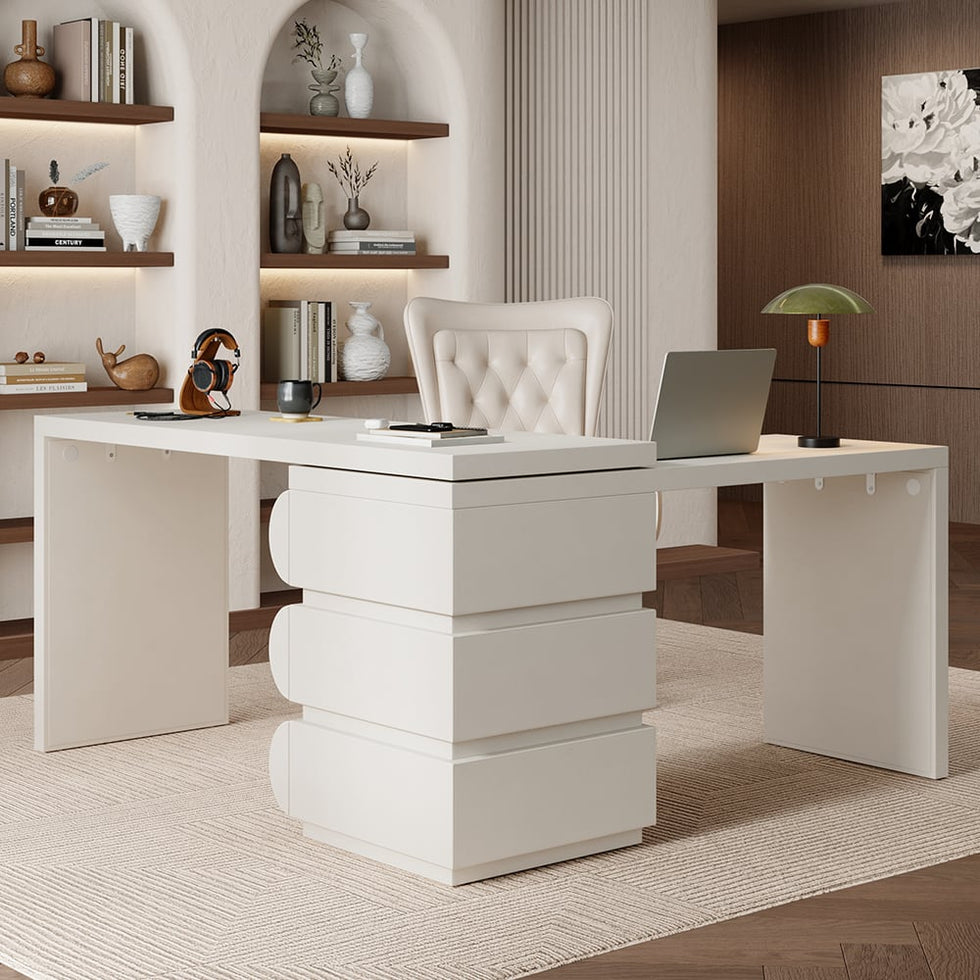 HMR - Humply Modern Minimalist Style L Shaped Desk & Leather Office Chair Set Height