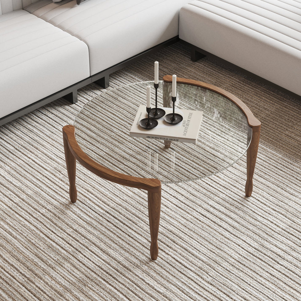 HMR - 32" Round Glass Mid Century Modern Coffee Table with Wood Legs