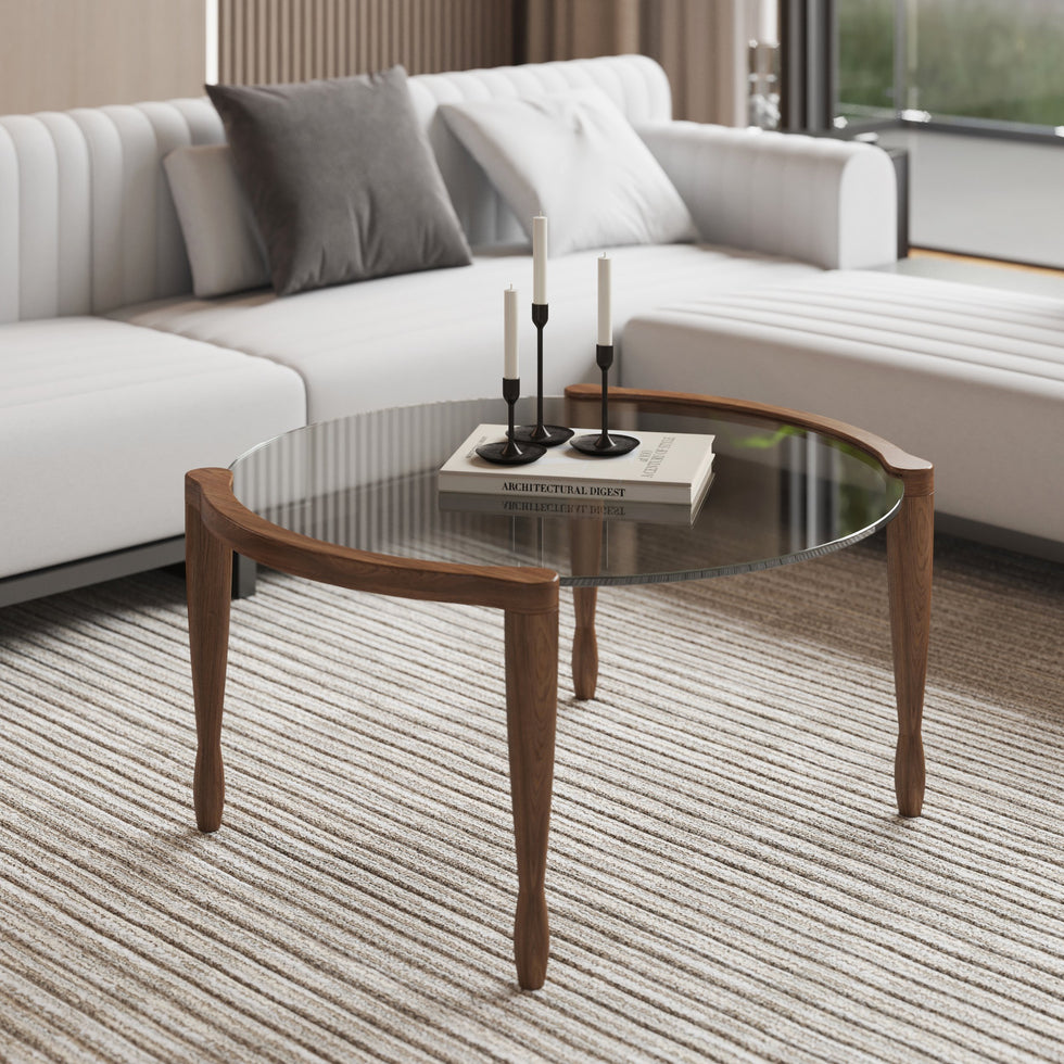 HMR - 32" Round Glass Mid Century Modern Coffee Table with Wood Legs