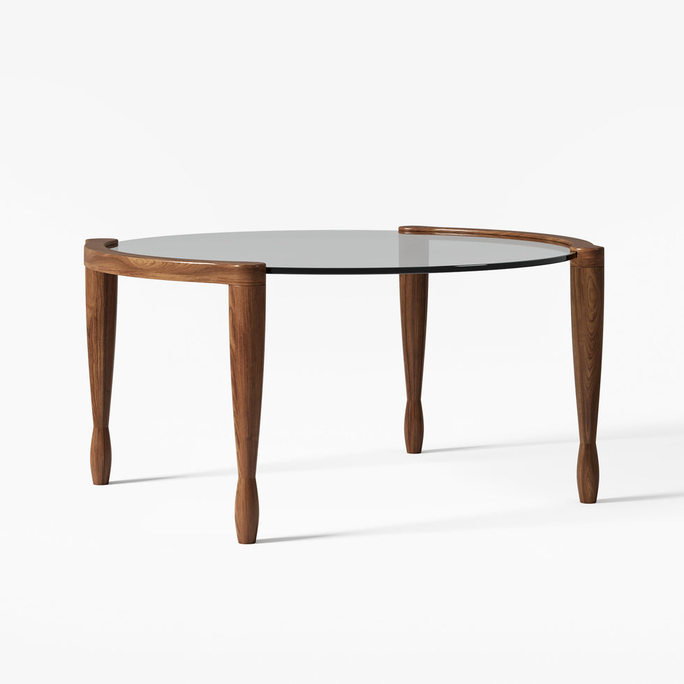 HMR - 32" Round Glass Mid Century Modern Coffee Table with Wood Legs