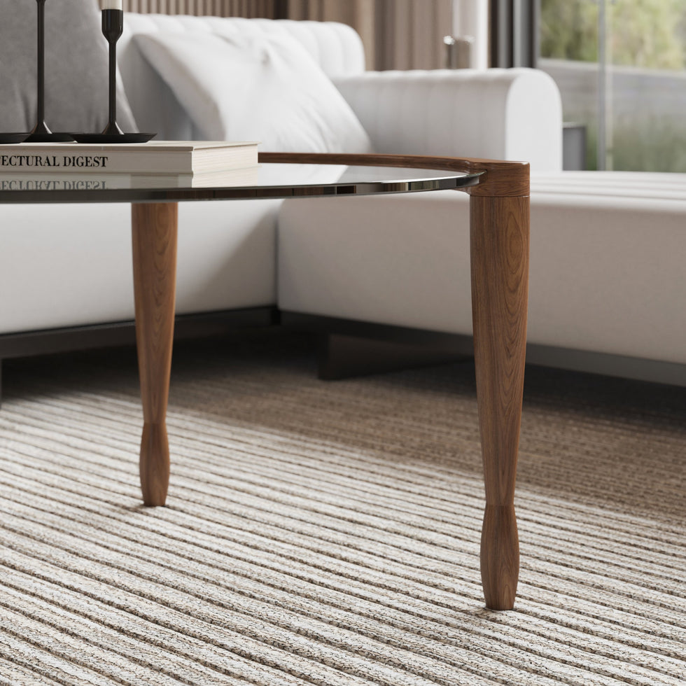 HMR - 32" Round Glass Mid Century Modern Coffee Table with Wood Legs