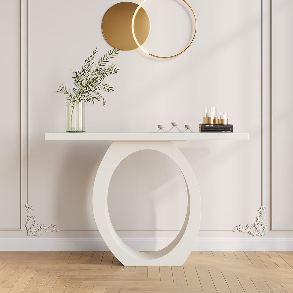 HMR - 39.4" Modern Console Table with Circle Base White Wooden Entryway Table