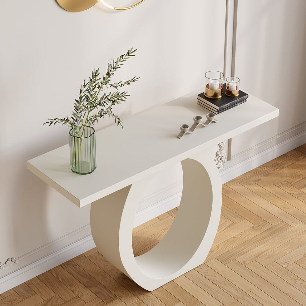 HMR - 39.4" Modern Console Table with Circle Base White Wooden Entryway Table