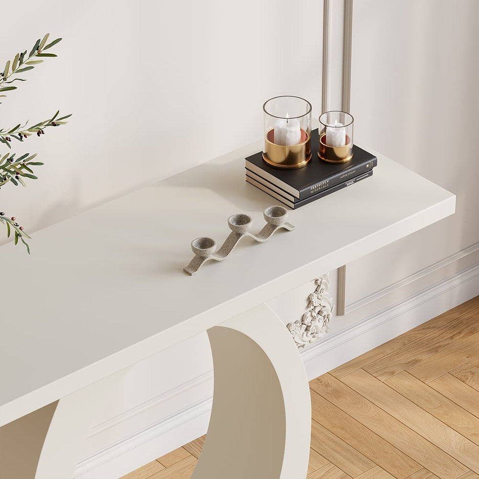 HMR - 39.4" Modern Console Table with Circle Base White Wooden Entryway Table