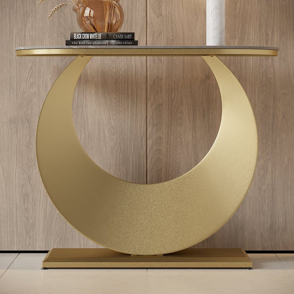 HMR - 39.4" Narrow Console Table Gray Sintered Stone Entryway Table with Half-Moon Steel Base
