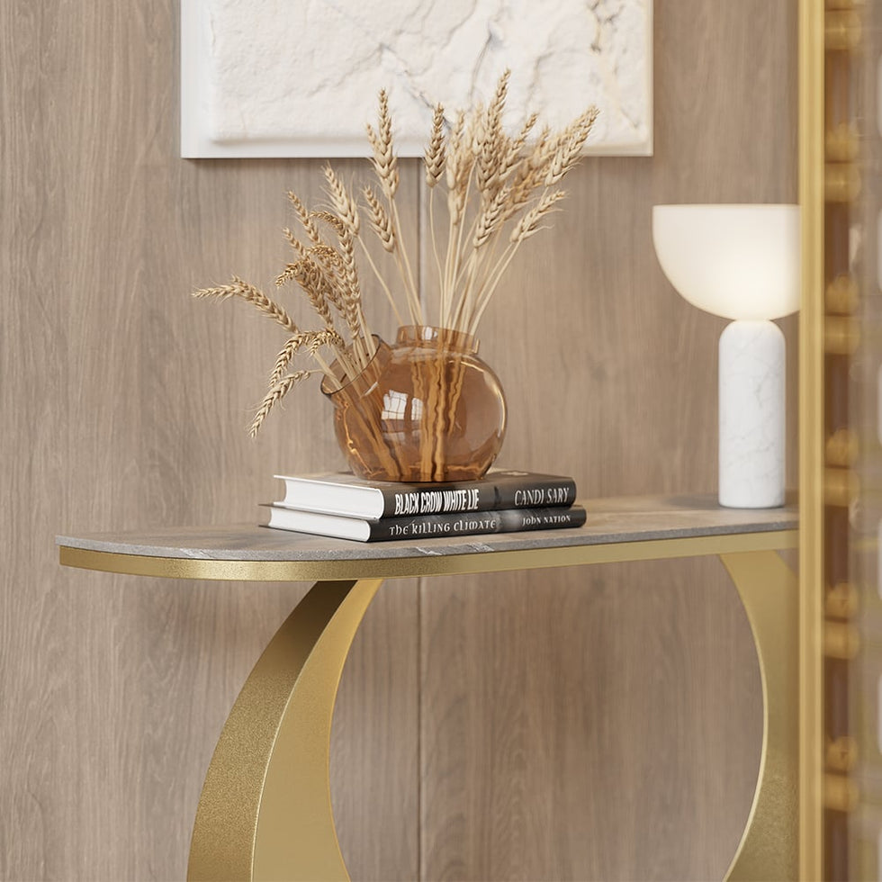 HMR - 39.4" Narrow Console Table Gray Sintered Stone Entryway Table with Half-Moon Steel Base