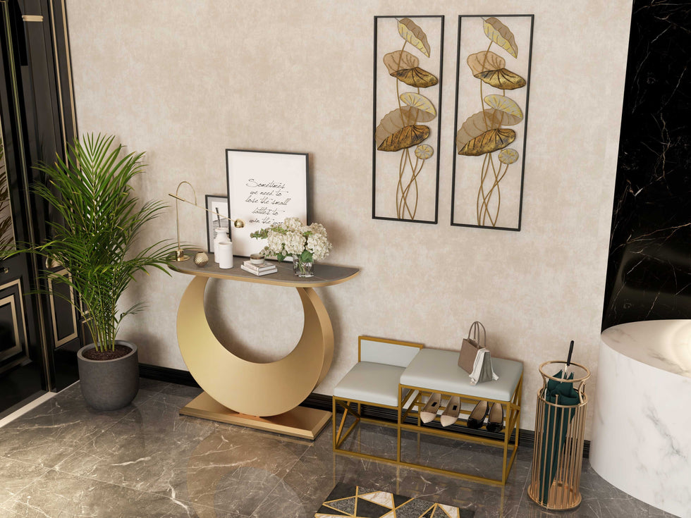 HMR - 39.4" Narrow Console Table Gray Sintered Stone Entryway Table with Half-Moon Steel Base