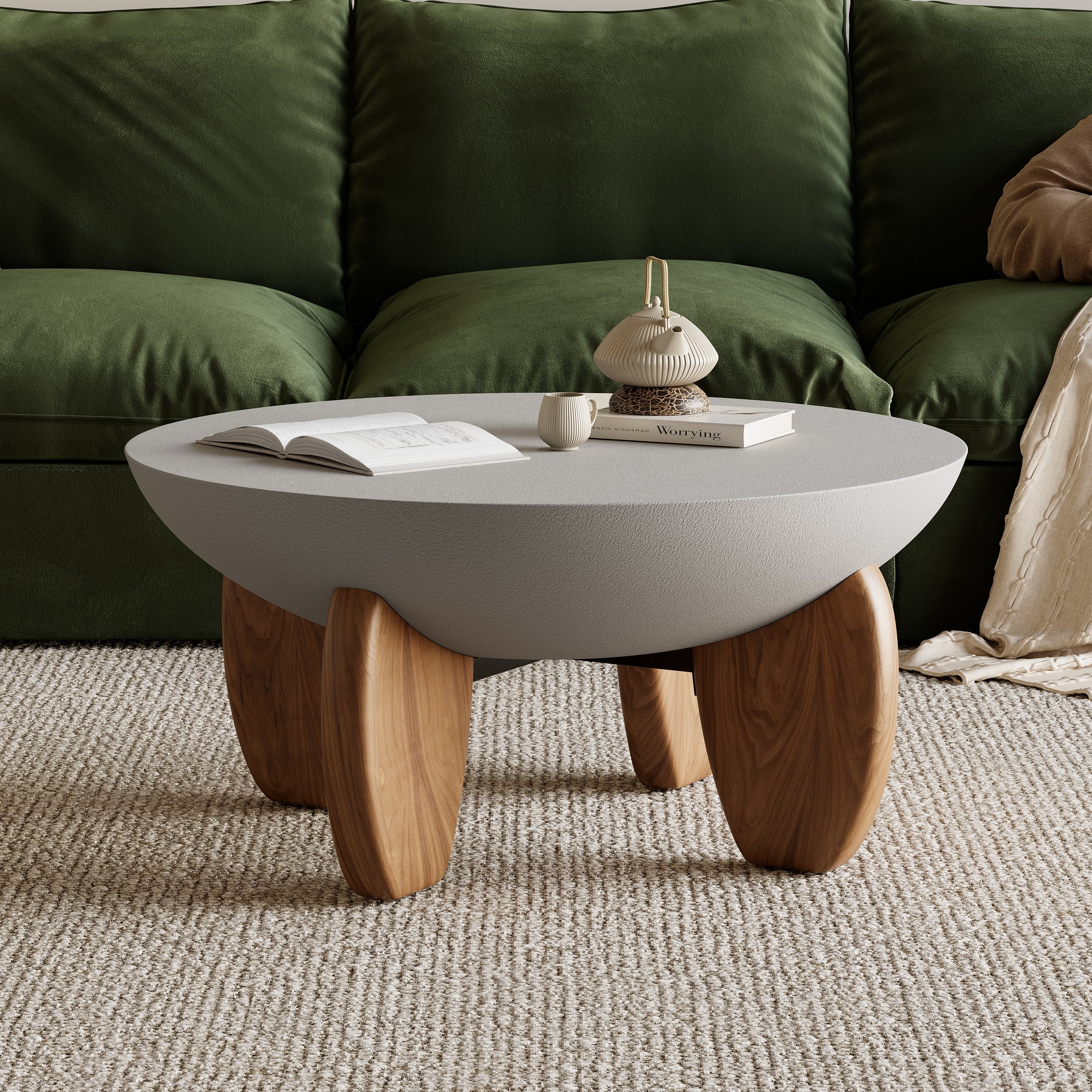 HMR - Curva Round Concrete Coffee Table with Wood Legs