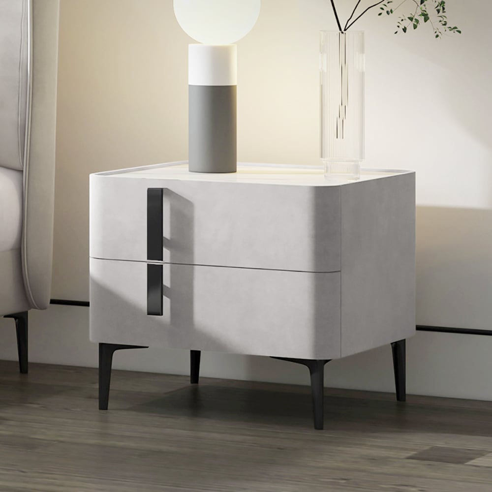 HMR - Modern Nightstand with Drawers & Sintered Stone Top Freestanding Bedside Table
