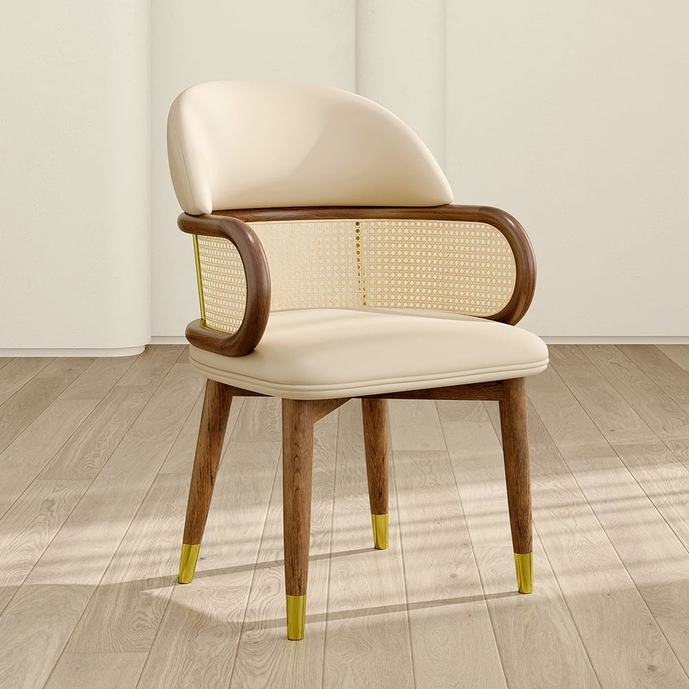 HMR - Mid-Century Modern Beige Rattan Dining Chair Curved Back Upholstered Faux Leather