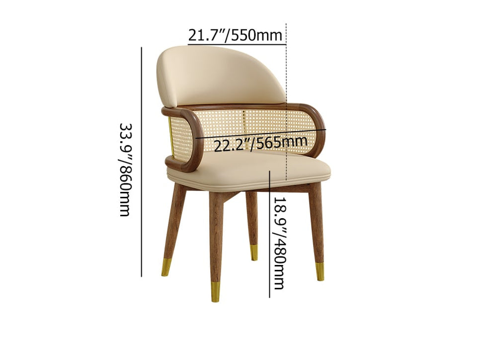 HMR - Mid-Century Modern Beige Rattan Dining Chair Curved Back Upholstered Faux Leather