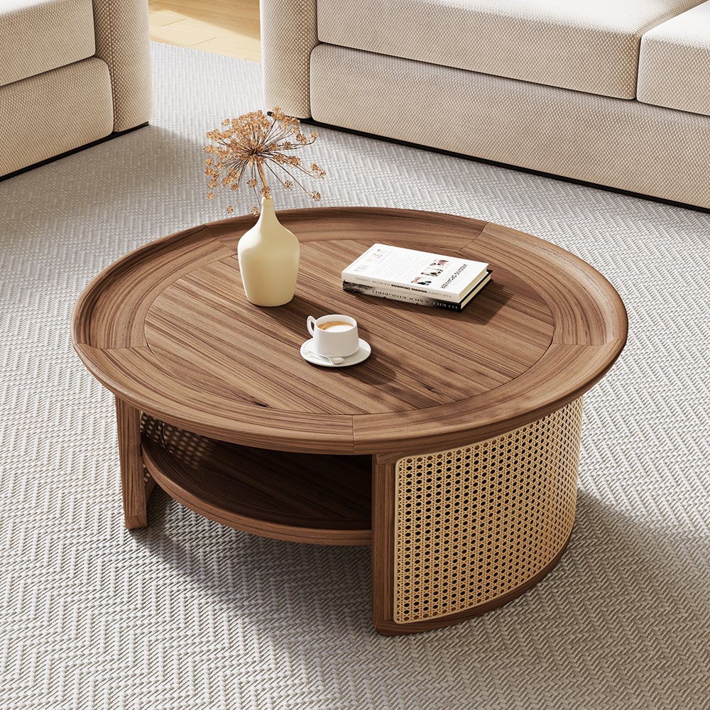 HMR - 2-Tiered Japandi Round Wood Coffee Table with Rattan Base