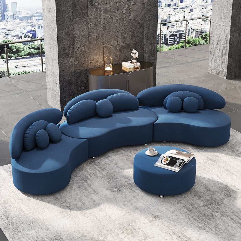 HMR - Curved Sectional Sofa with Ottoman & Pillows