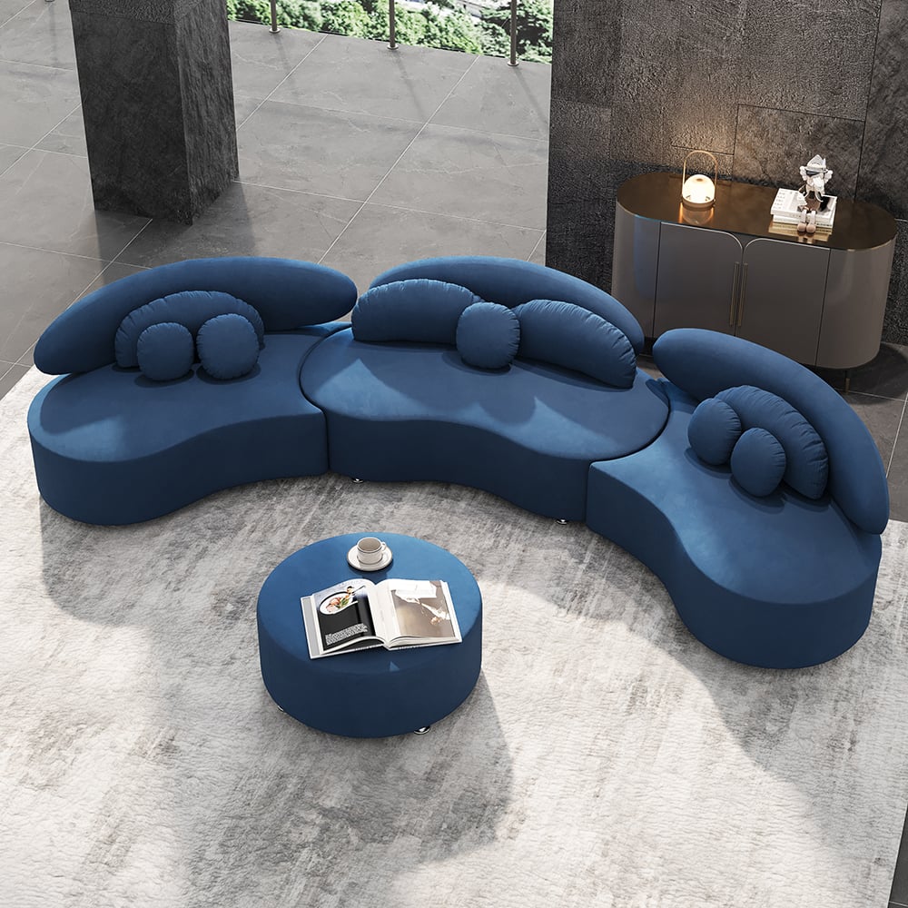 HMR - Curved Sectional Sofa with Ottoman & Pillows