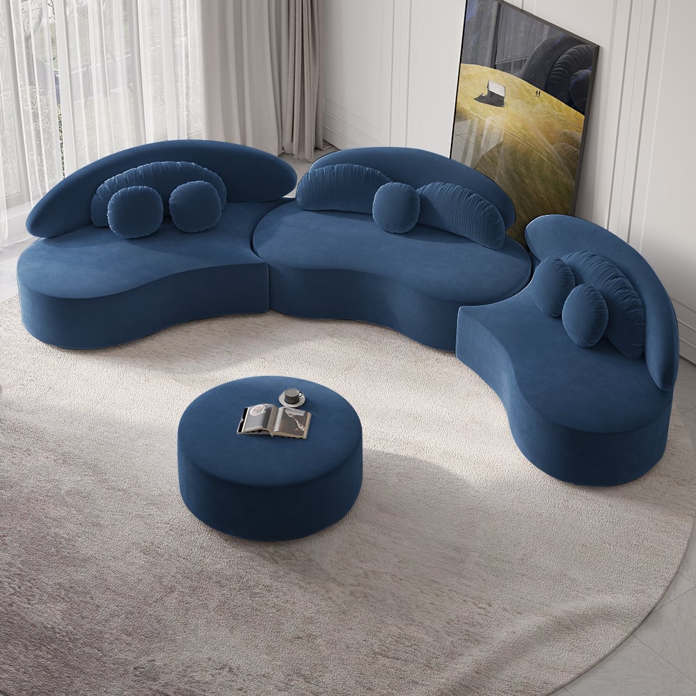 HMR - Curved Sectional Sofa with Ottoman & Pillows