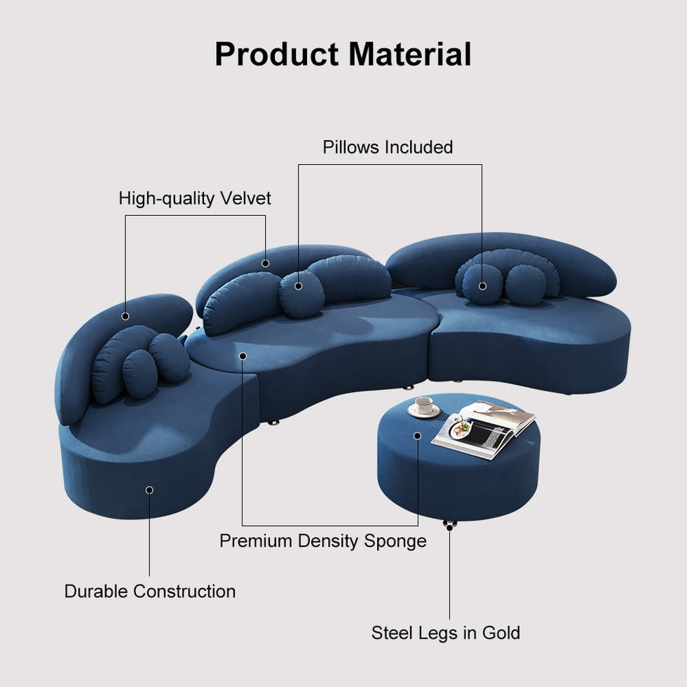 HMR - Curved Sectional Sofa with Ottoman & Pillows
