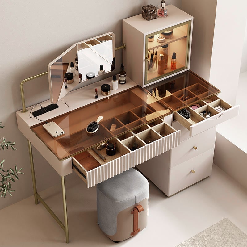 HMR - Chanor Makeup Vanity Set Mirrored Dressing Table with Jewelry Storage & Cabinet & Stool