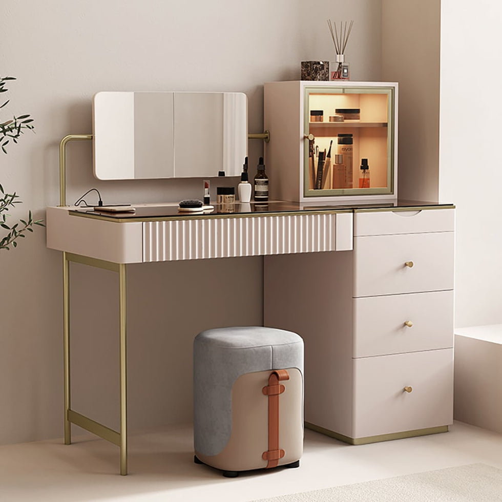 HMR - Chanor Makeup Vanity Set Mirrored Dressing Table with Jewelry Storage & Cabinet & Stool