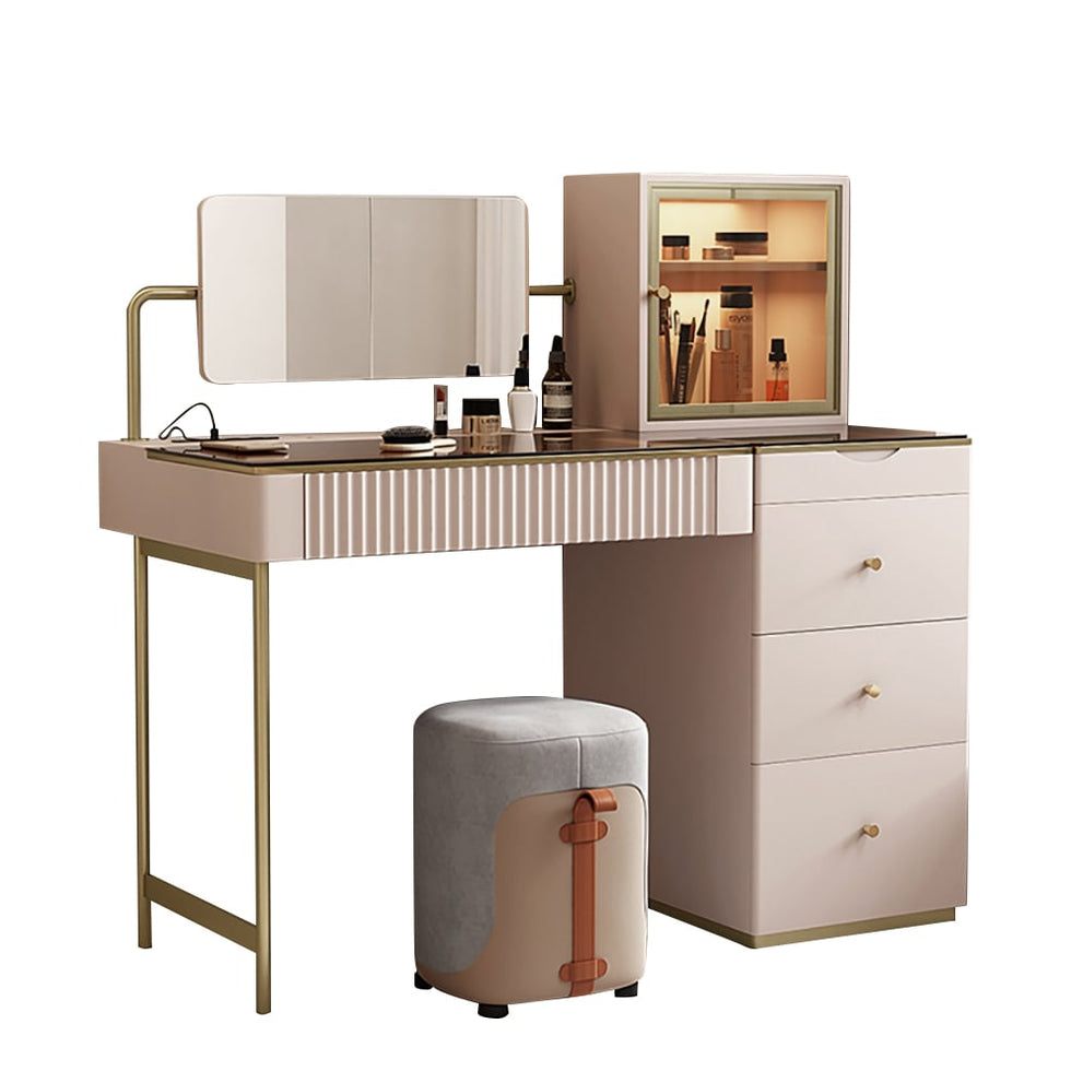 HMR - Chanor Makeup Vanity Set Mirrored Dressing Table with Jewelry Storage & Cabinet & Stool