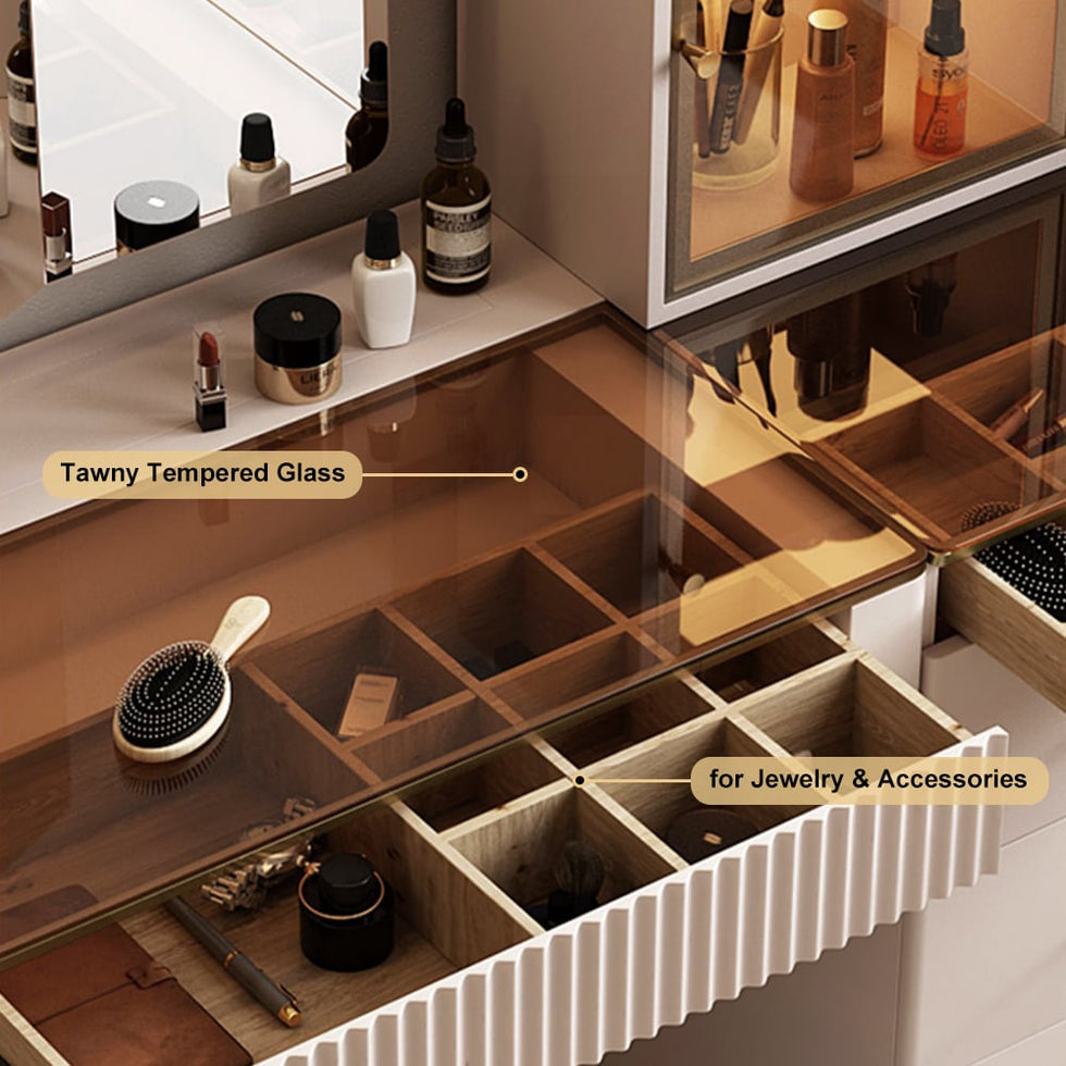 HMR - Chanor Makeup Vanity Set Mirrored Dressing Table with Jewelry Storage & Cabinet & Stool