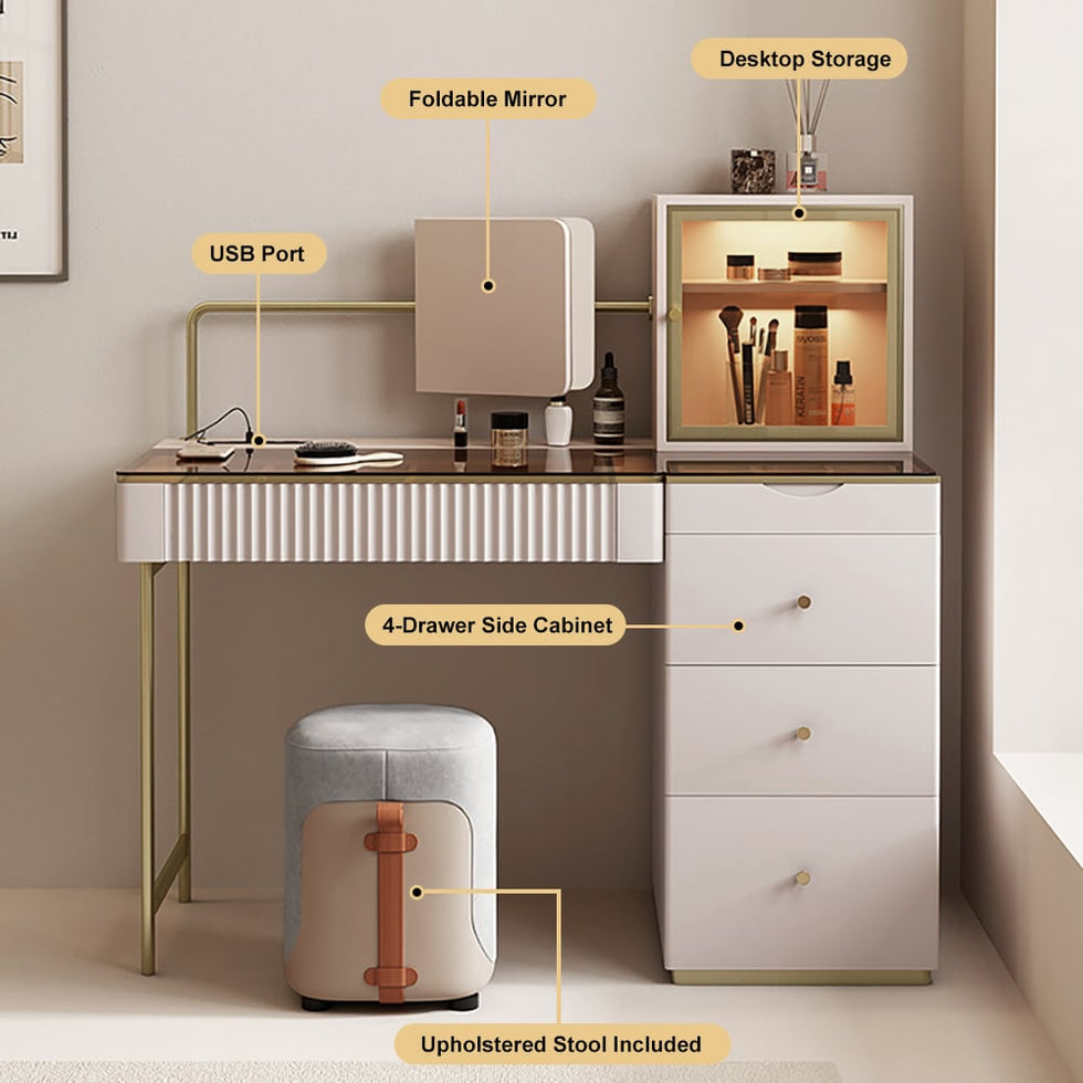 HMR - Chanor Makeup Vanity Set Mirrored Dressing Table with Jewelry Storage & Cabinet & Stool