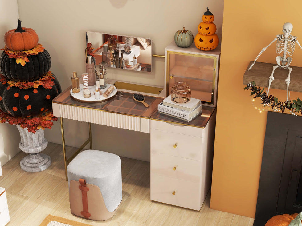 HMR - Chanor Makeup Vanity Set Mirrored Dressing Table with Jewelry Storage & Cabinet & Stool