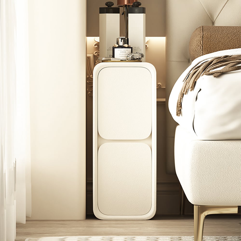 HMR - Modern Narrow Off-White Nightstand 2-Drawer Small Bedside Table with PU Leather