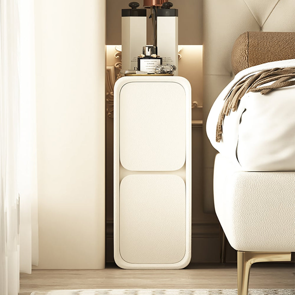 HMR - Modern Narrow Off-White Nightstand 2-Drawer Small Bedside Table with PU Leather