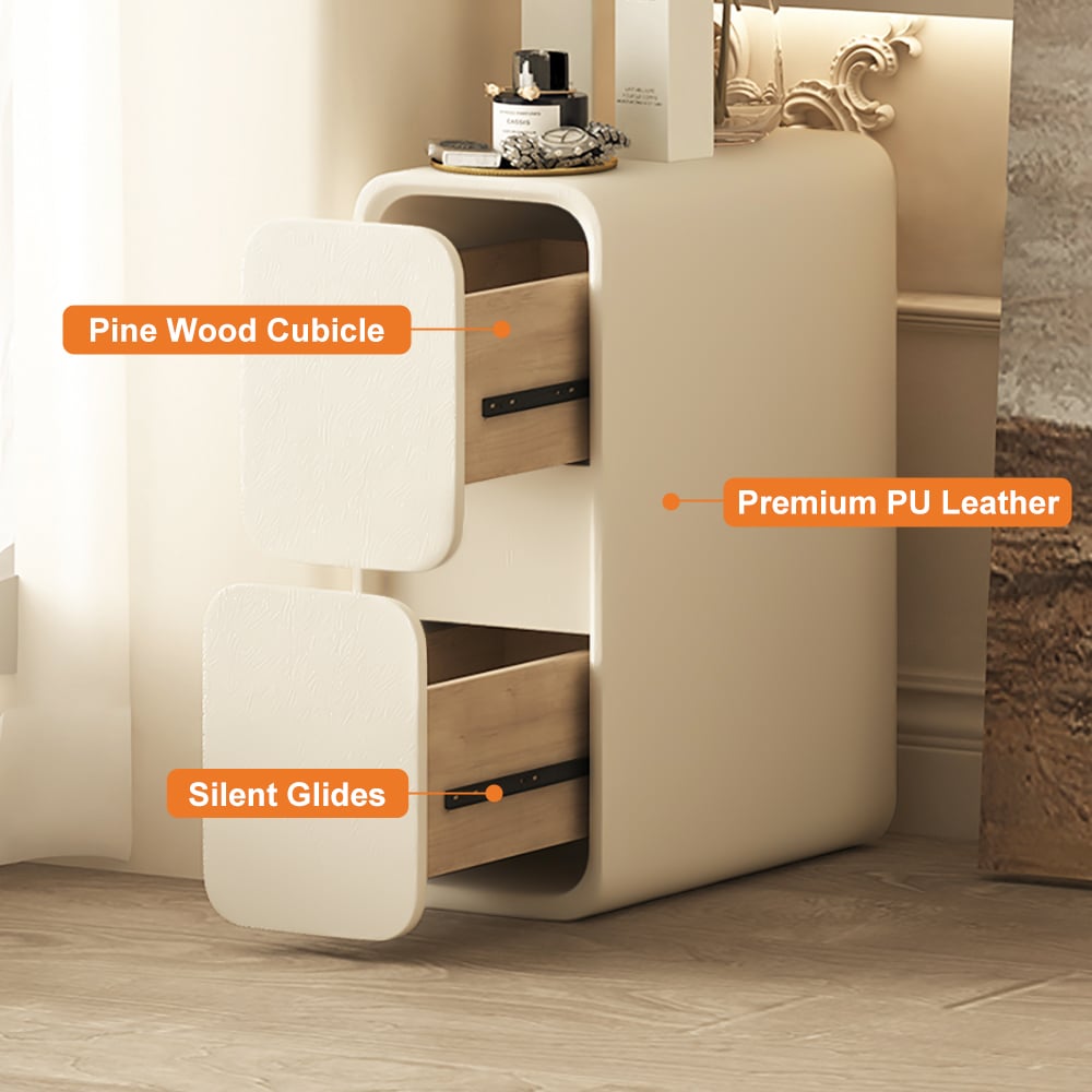 HMR - Modern Narrow Off-White Nightstand 2-Drawer Small Bedside Table with PU Leather