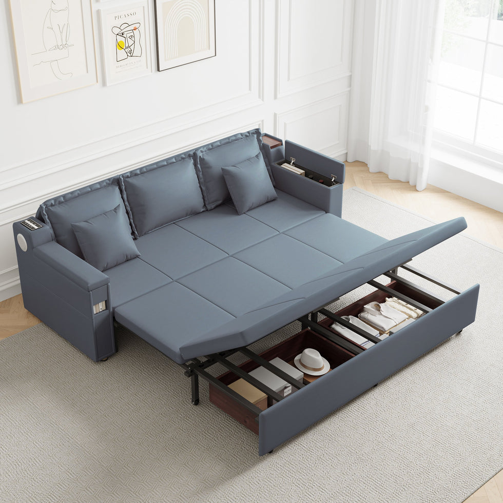 HMR - 83" King 3-Seater Leather Sleeper Sofa with Speaker & USB Ports