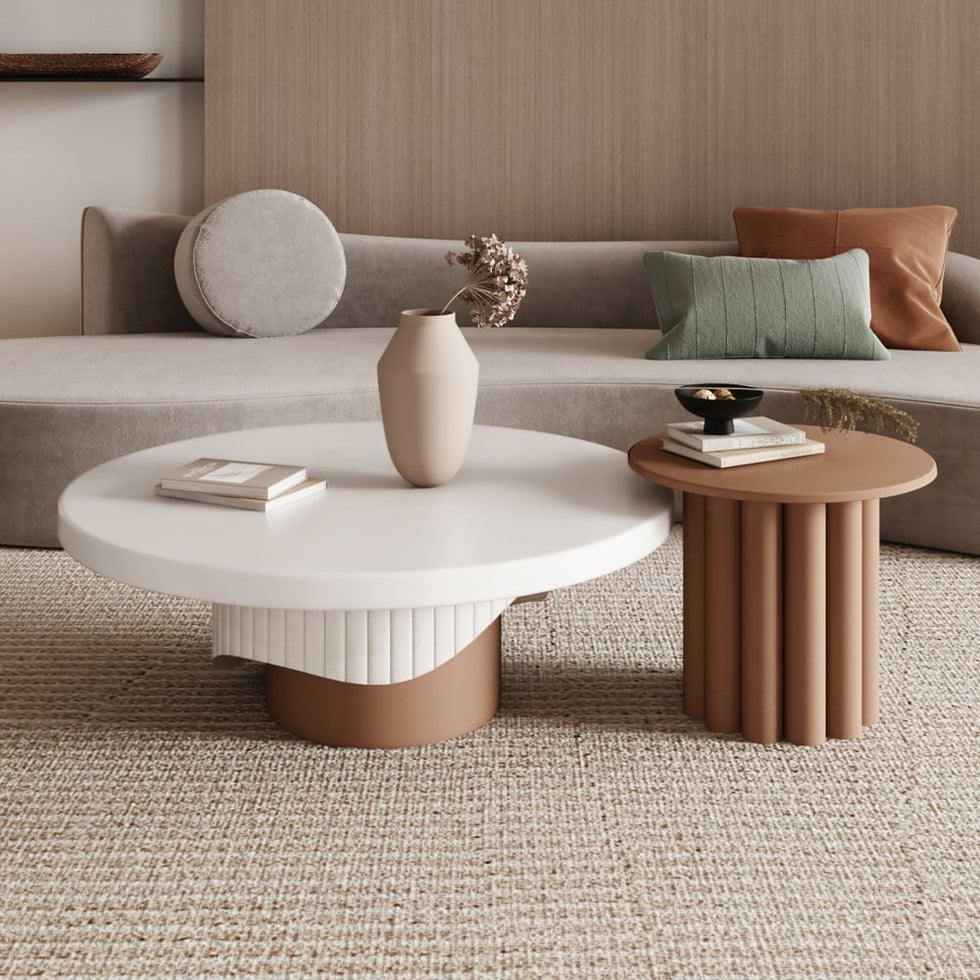 HMR - Yarnic 2-Piece Round Wood Coffee Table Set with Fluted Base in White & Walnut