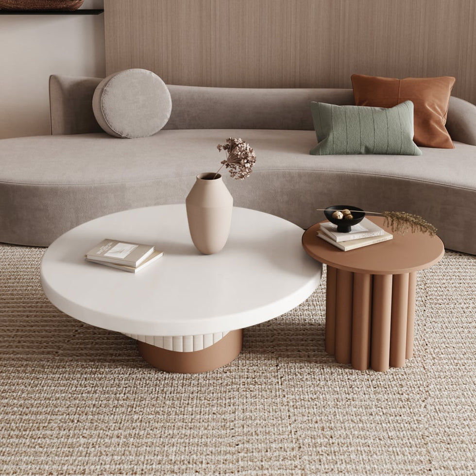 HMR - Yarnic 2-Piece Round Wood Coffee Table Set with Fluted Base in White & Walnut