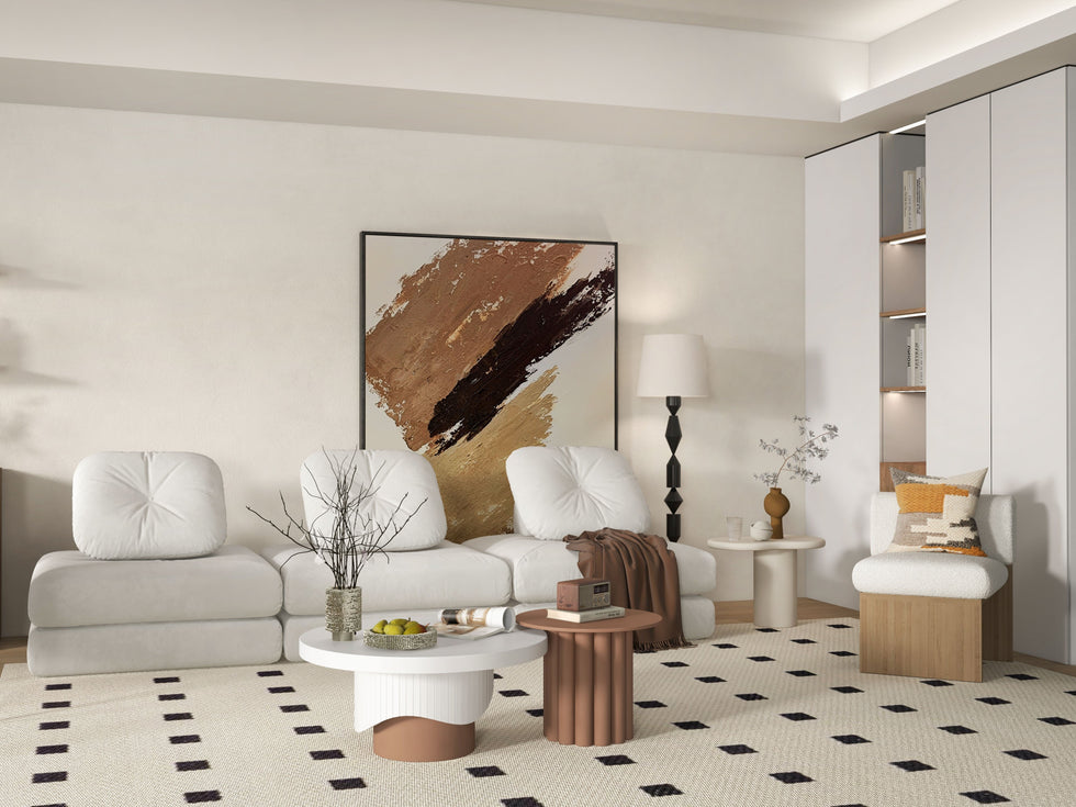 HMR - Yarnic 2-Piece Round Wood Coffee Table Set with Fluted Base in White & Walnut