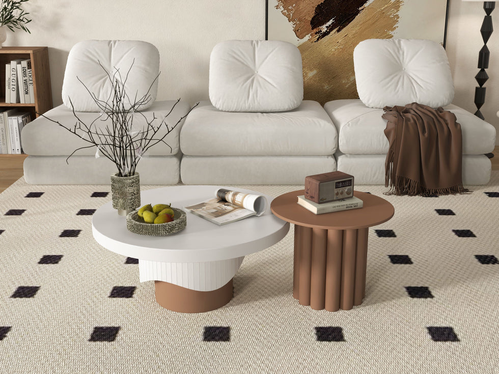 HMR - Yarnic 2-Piece Round Wood Coffee Table Set with Fluted Base in White & Walnut