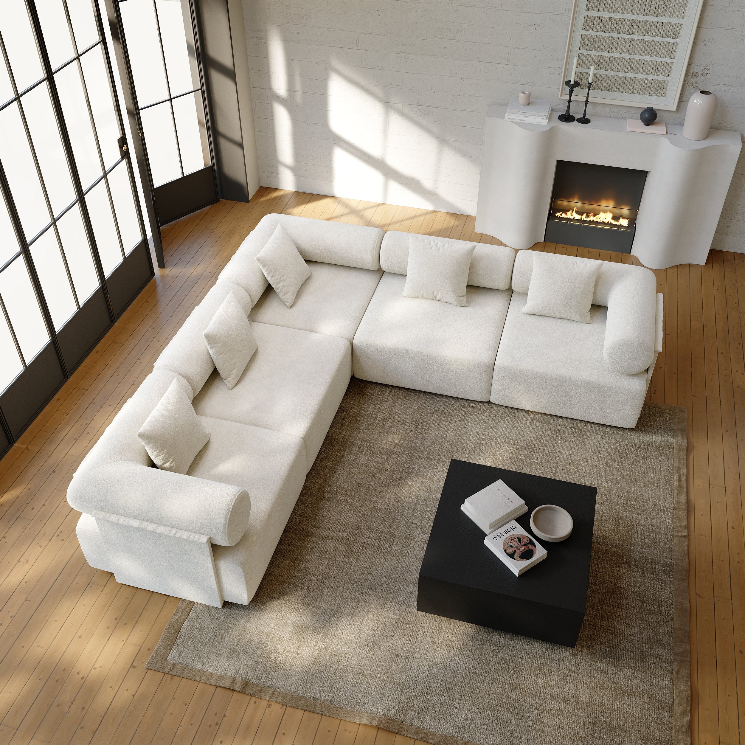 HMR - 110" 5-Piece Modular White Velvet L-Shape Sectional Sofa & Wooden Coffee Table