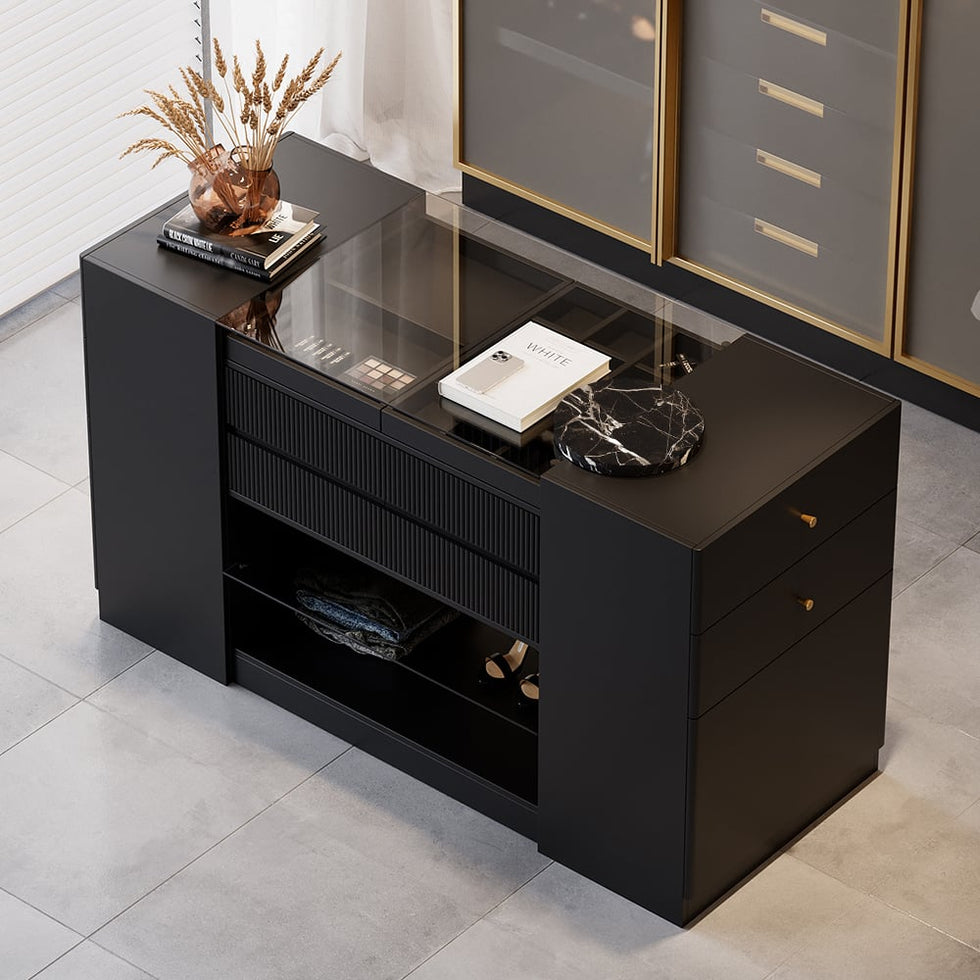 HMR - 60" Glass Top Dresser Walk-in Closet Island with Jewelry Storage