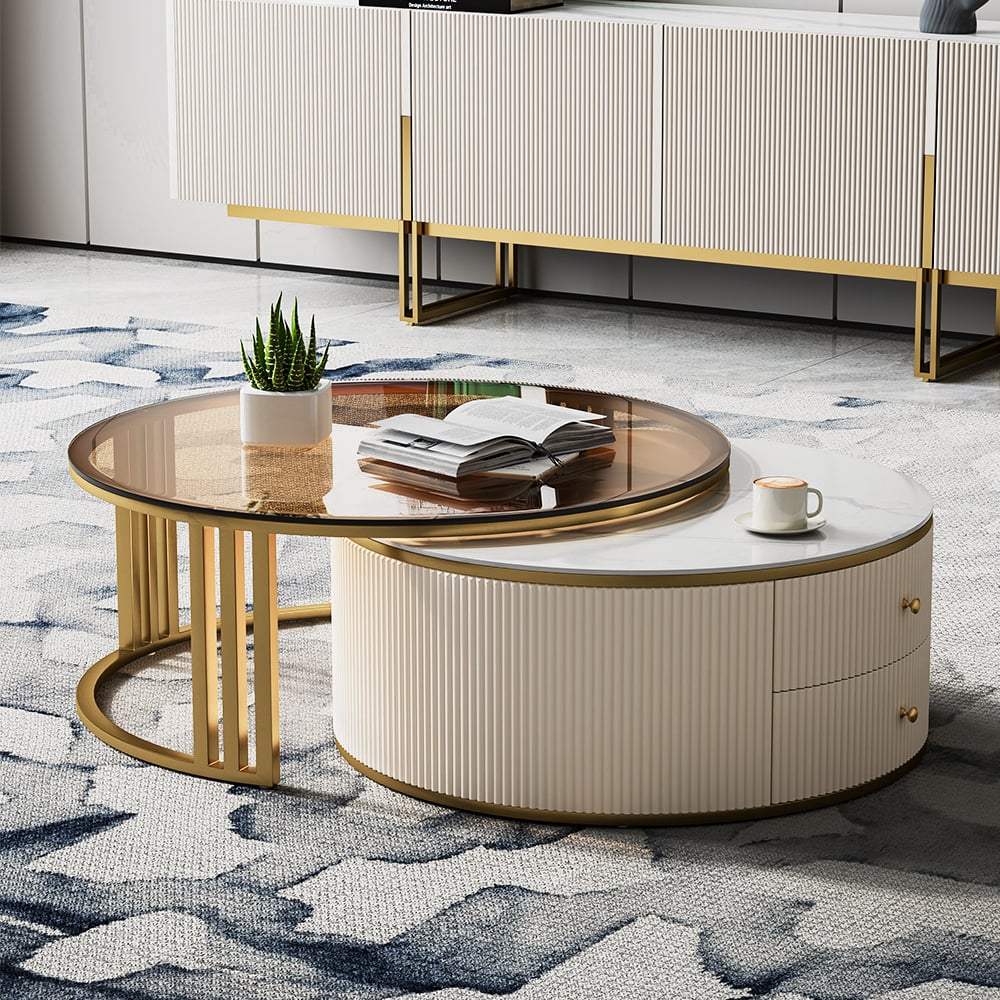 HMR - Grovyn Round Sintered Stone Glass Nesting Coffee Table Set (28"-32")
