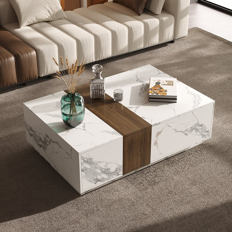 HMR - Vewal 47.2" Marble & Walnut Veneer Block Coffee Table with 2 Drawers