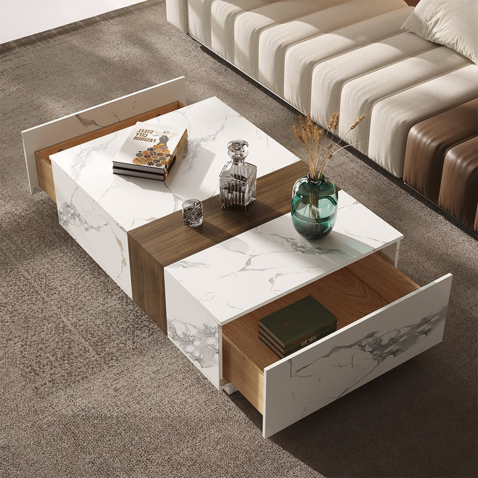 HMR - Vewal 47.2" Marble & Walnut Veneer Block Coffee Table with 2 Drawers