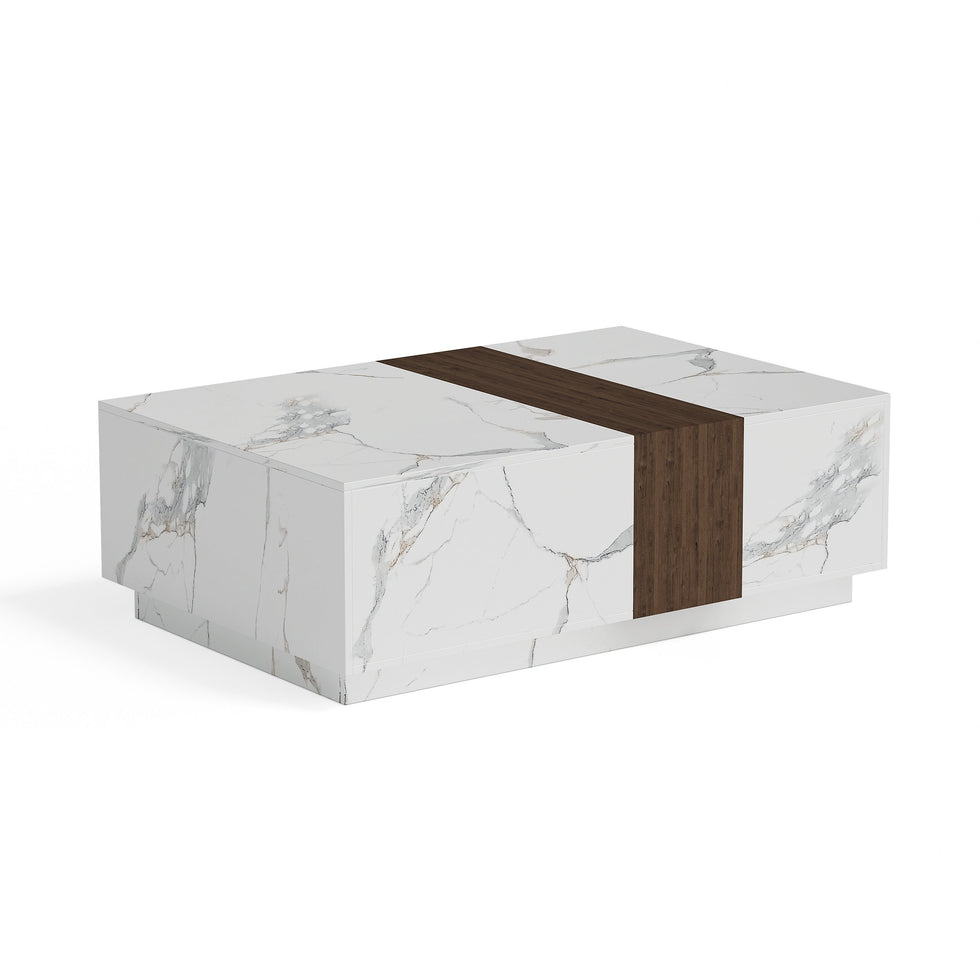 HMR - Vewal 47.2" Marble & Walnut Veneer Block Coffee Table with 2 Drawers