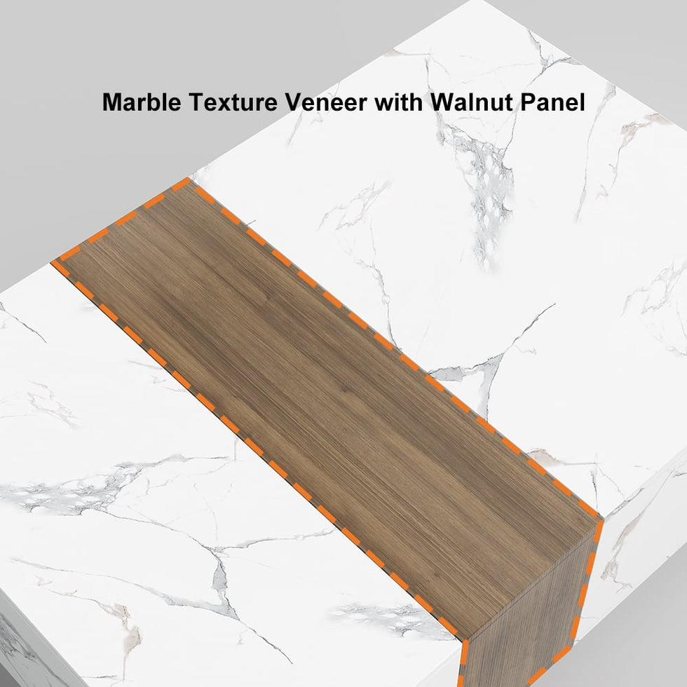 HMR - Vewal 47.2" Marble & Walnut Veneer Block Coffee Table with 2 Drawers