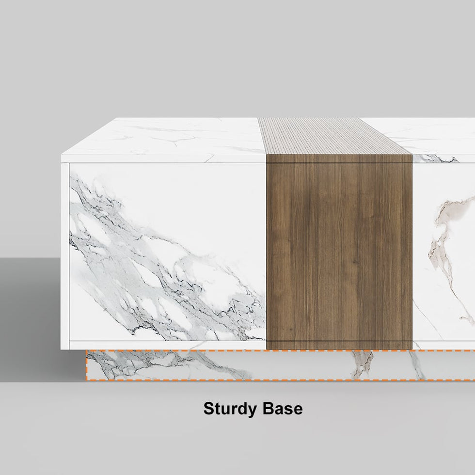 HMR - Vewal 47.2" Marble & Walnut Veneer Block Coffee Table with 2 Drawers