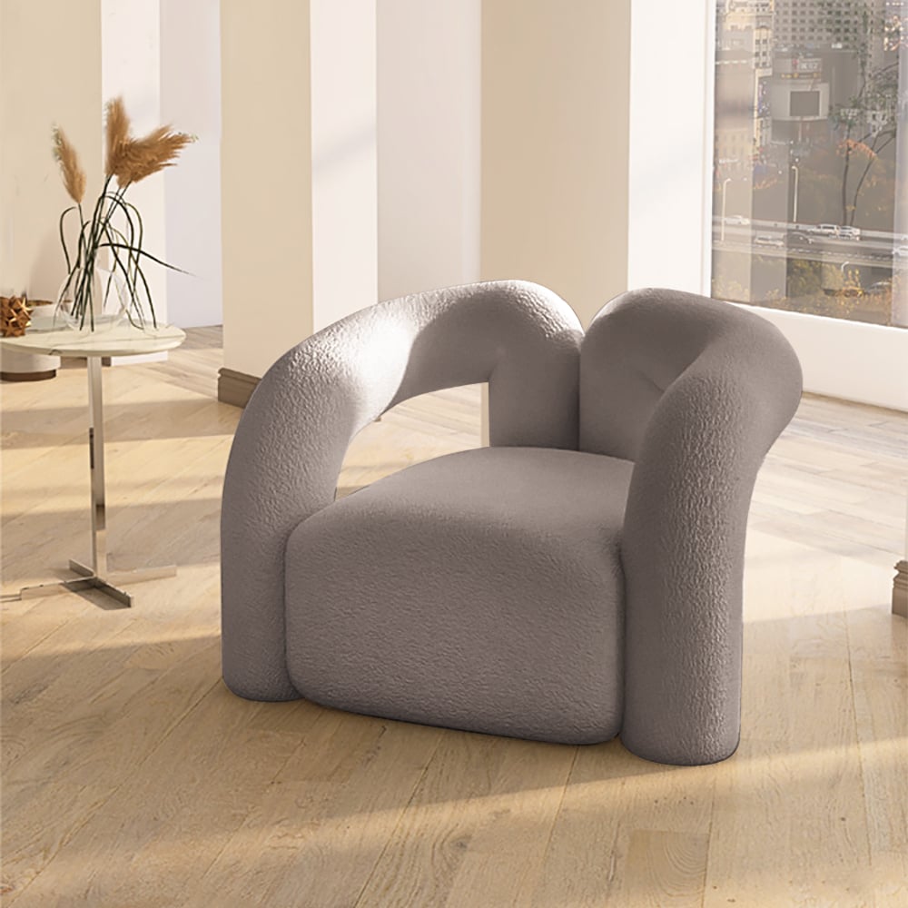 HMR - Japandi Boucle Accent Chair Shaggy Armchair for Living Room