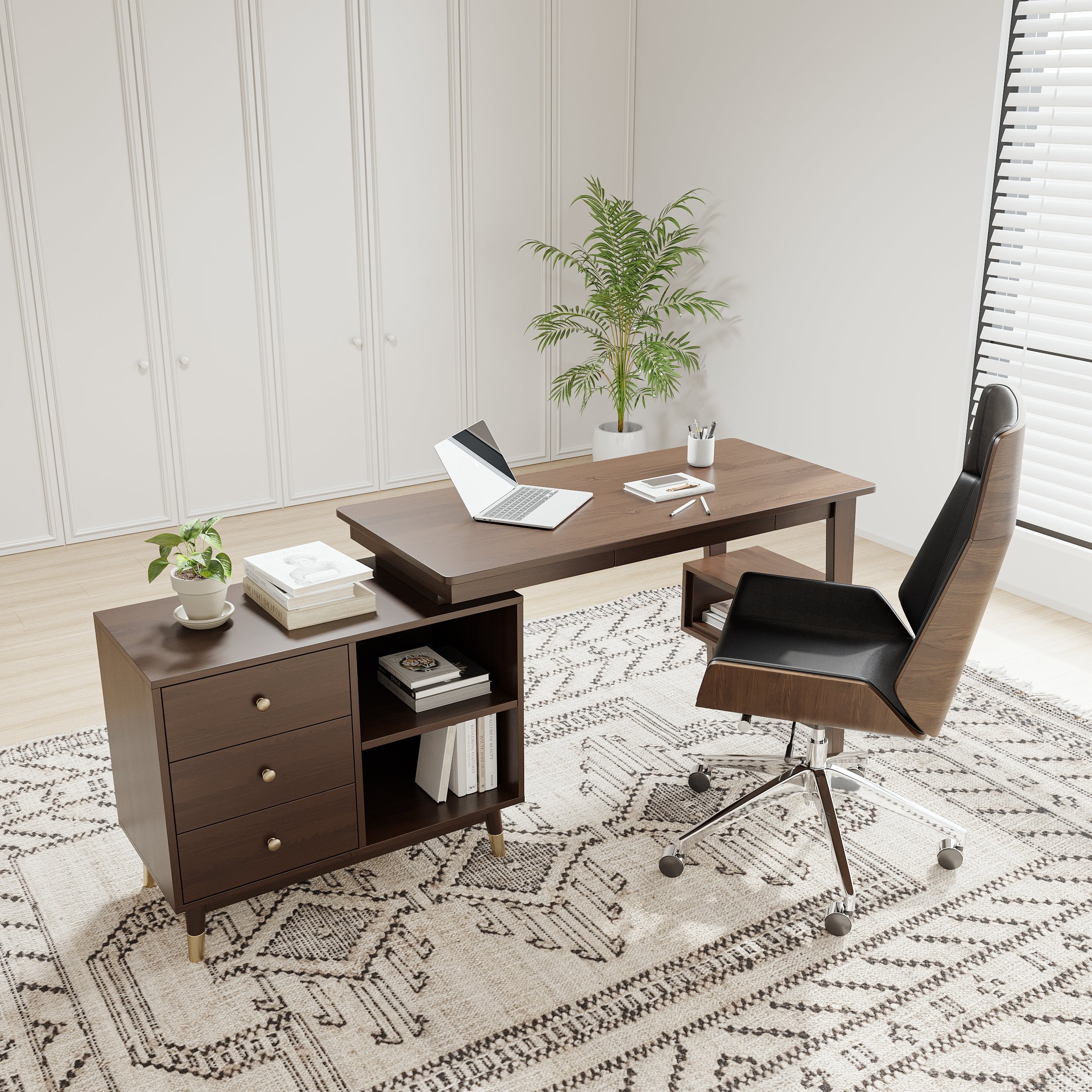 HMR - Ultic L Shaped Home Office Desk & Faux Leather Office Chair Set with Wheels