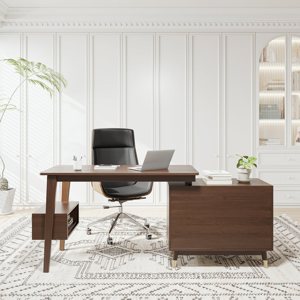HMR - Ultic L Shaped Home Office Desk & Faux Leather Office Chair Set with Wheels